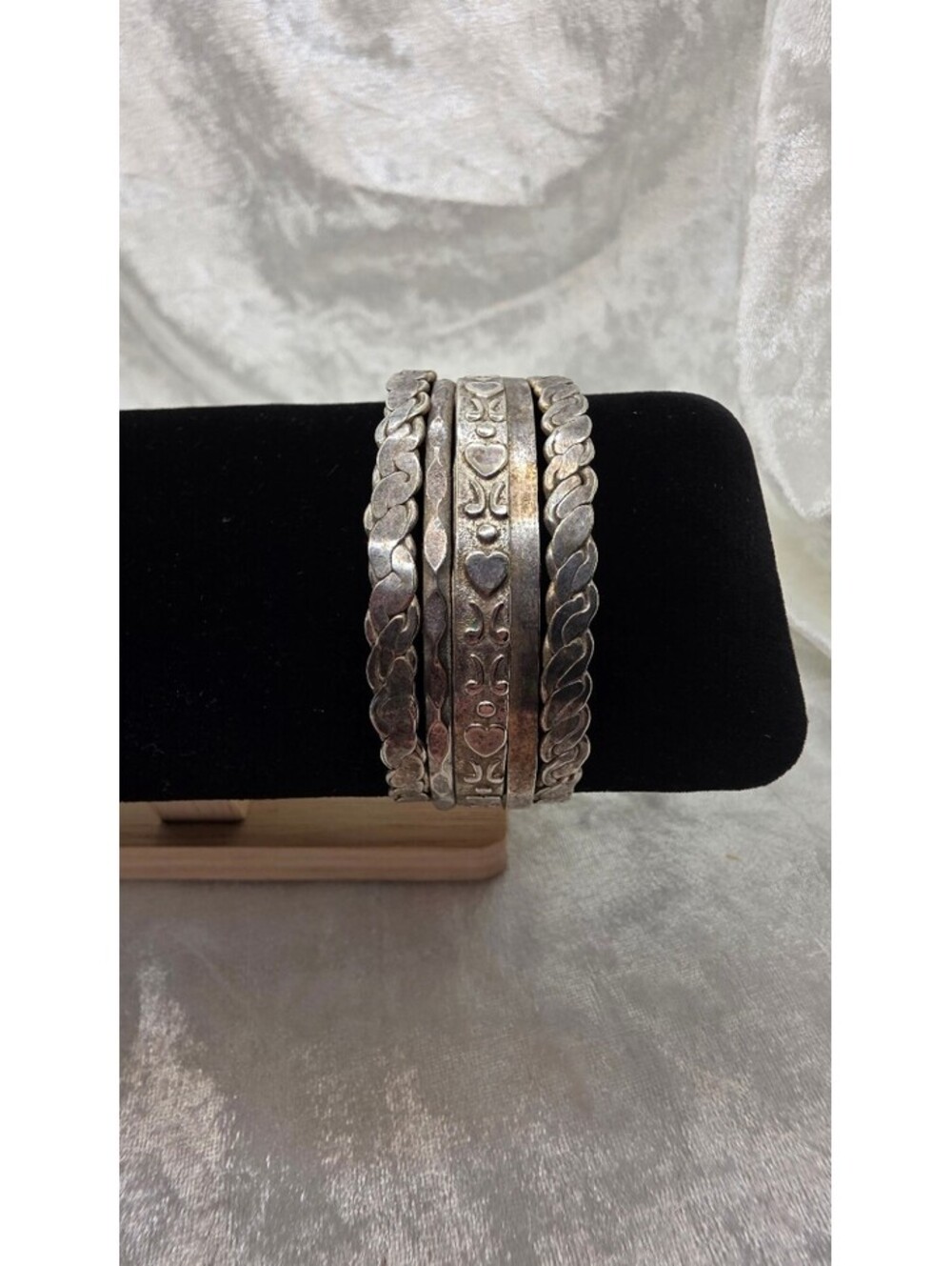 Vintage Alpaca Silver Multi Band Heart Scrollwork Cuff Bracelet 5.75”